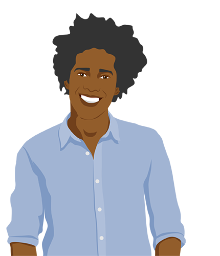 Digital illustration of a smiling pre-clinical student in a blue shirt.
